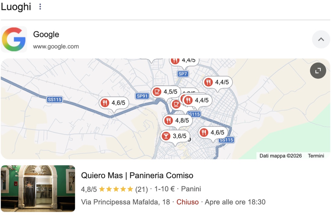 Ricerca Google “panineria comiso”: Quiero Mas è il primo locale nella mappa, con 4,8 stelle.